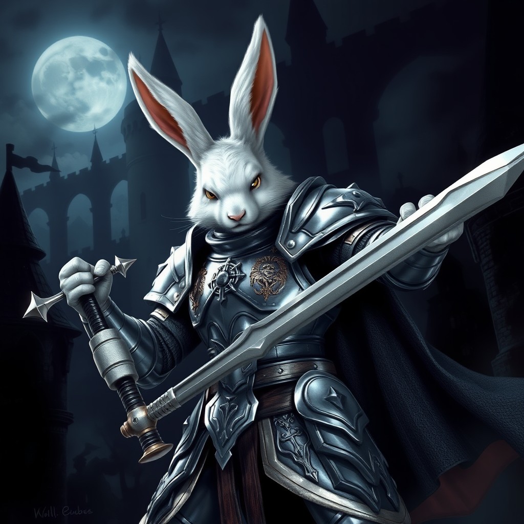 A fierce Harengon paladin, a humanoid rabbit with white fur and long ears, wielding a gleaming rapier