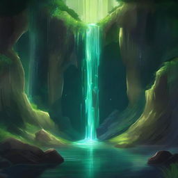 A mysterious, shadowy cave hidden behind a waterfall in a lush, verdant forest, with shimmering gemstones embedded in the rocky walls twinkling in the dim light.