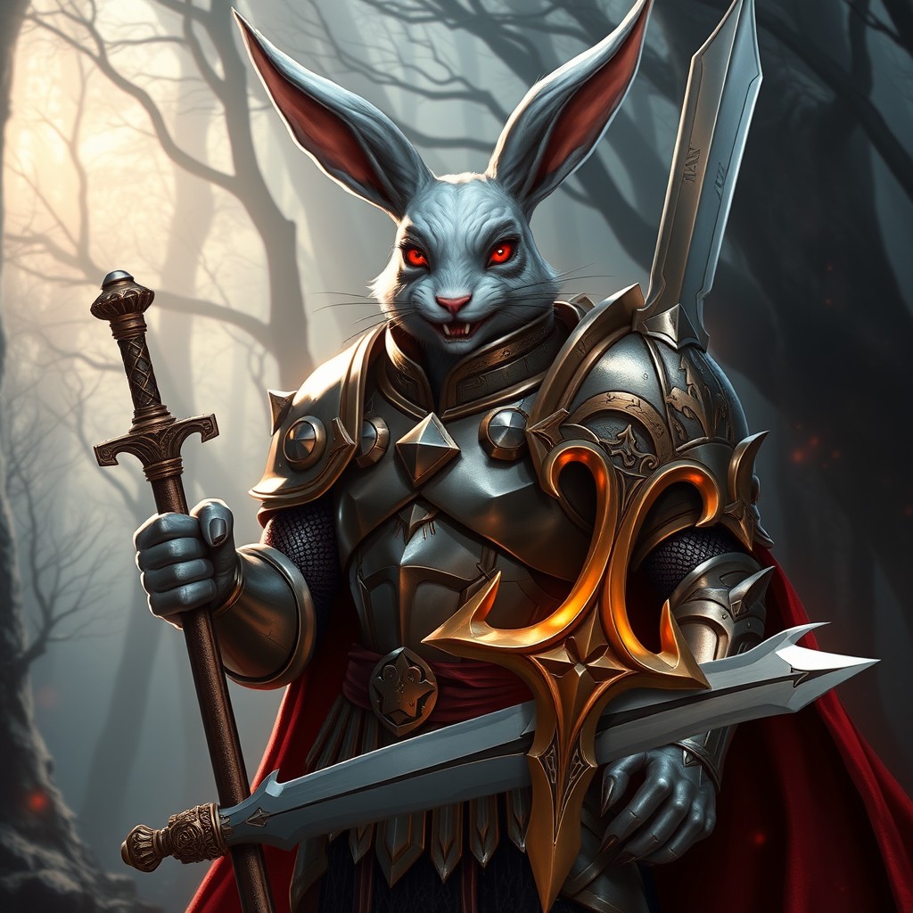 A Harengon paladin, featuring a humanoid rabbit-like appearance with long ears and a heroic stance, clad in shining armor that reflects his noble status