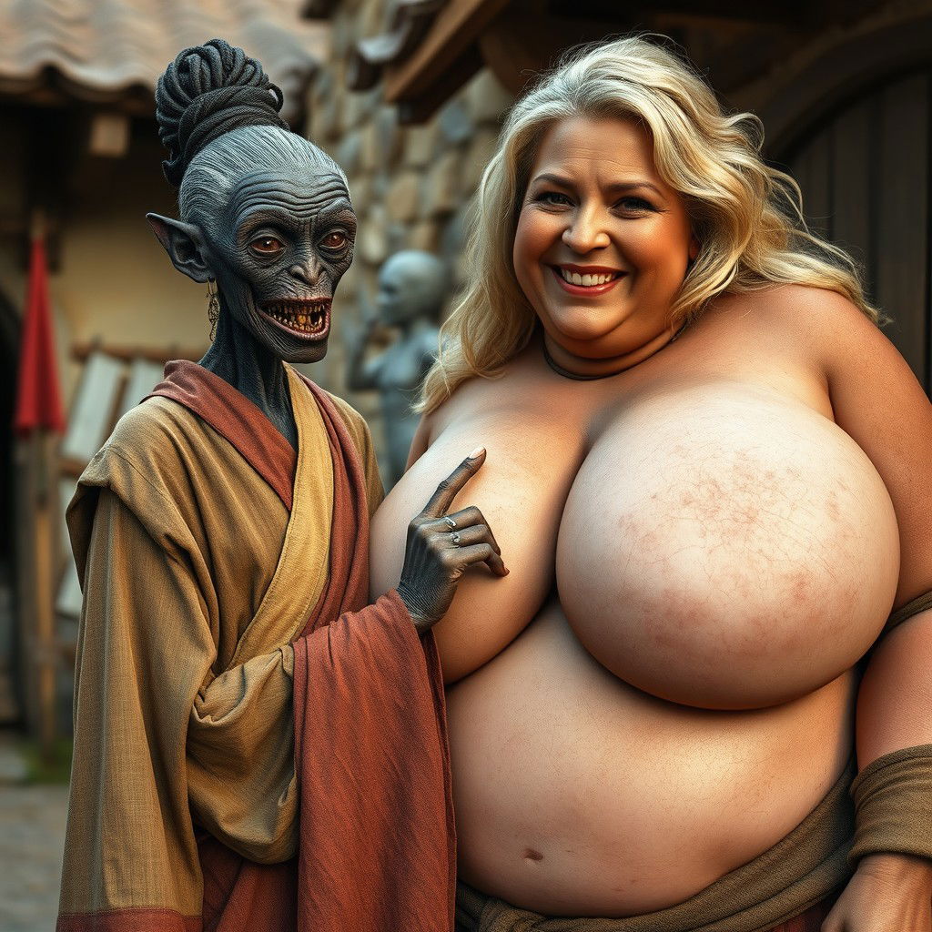 In a medieval village, a tiny elderly woman approximately 1 meter tall, resembling a dwarf, is depicted as a black African with very dark skin and an emaciated body