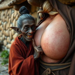 In a medieval village, a tiny elderly woman approximately 1 meter tall, resembling a dwarf, is depicted as a black African with very dark skin and an emaciated body