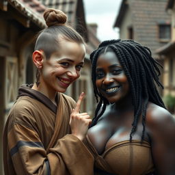 In a medieval village, a young German dwarf woman, extremely petite and emaciated with sharp, decayed teeth, wears a long, closed Buddhist robe and has her hair styled in a bun