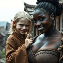 In a medieval village, a young blonde dwarf woman, extremely petite and emaciated with sharp, decayed teeth, wears a long, closed Buddhist robe and has medium-length blonde hair