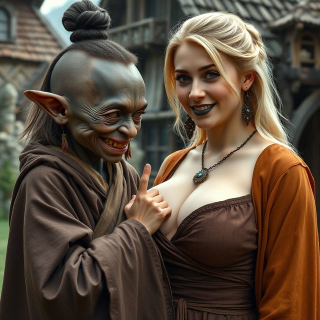 In a medieval village, a young blonde dwarf woman, extremely petite and emaciated with sharp, decayed teeth, wears a long, closed Buddhist robe and has medium-length blonde hair