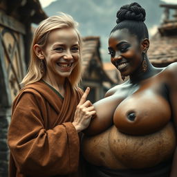 In a medieval village, a young dwarf woman, very petite and emaciated with sharp, decayed teeth, is dressed in a long, closed Buddhist robe and has medium-length blonde hair