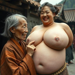 In a medieval Chinese village, there is an incredibly tiny elderly Indonesian woman, characterized by her malnourished body and sharp, decayed teeth