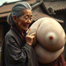 In a medieval Chinese village, a very petite elderly Chinese woman with a malnourished body and sharp, decayed teeth is dressed in a long, completely closed Buddhist robe
