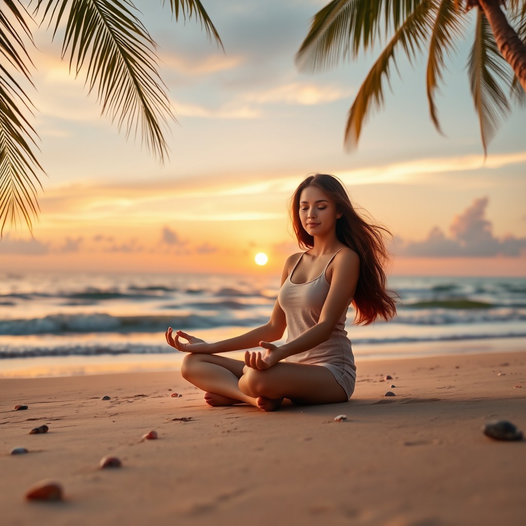 A serene and calming scene depicting a person meditating on a tranquil beach at sunset, surrounded by gentle waves and soft, golden light
