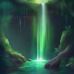 A mysterious, shadowy cave hidden behind a waterfall in a lush, verdant forest, with shimmering gemstones embedded in the rocky walls twinkling in the dim light.