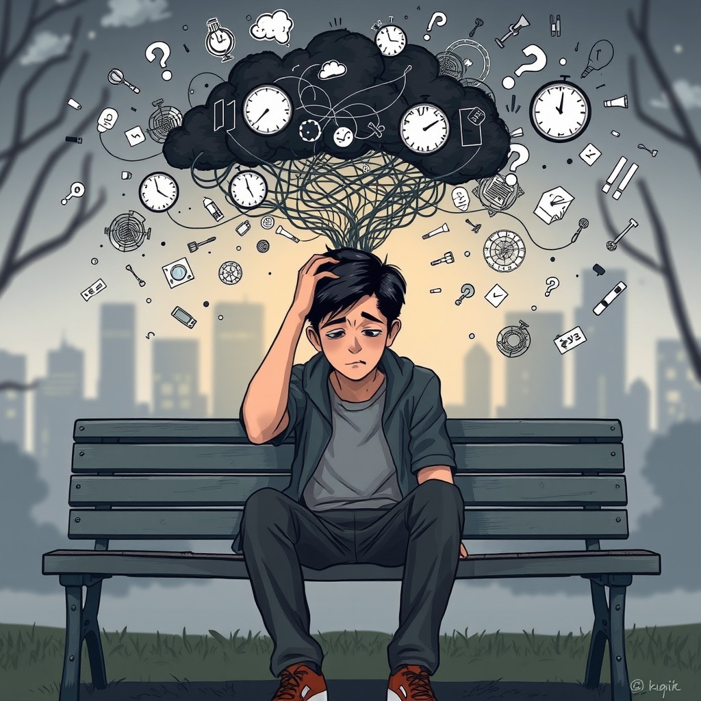 A complex and expressive illustration capturing a person sitting on a park bench, holding their head in a gesture of stress and anxiety