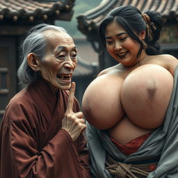 In a medieval Chinese village, an elderly Chinese woman with a sinister appearance, very small and emaciated, sporting sharp, decayed teeth