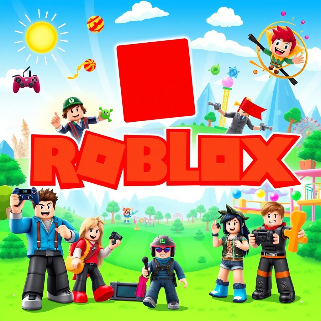 A bright and colorful Roblox-themed banner featuring iconic Roblox characters engaged in playful activities