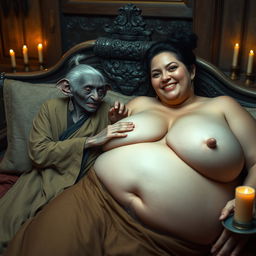 In a lavish medieval bedroom, two figures are laid back on an opulent bed