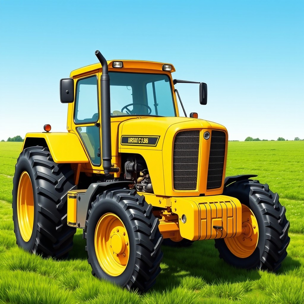 A detailed illustration of a Ursus C-366 tractor, showcasing its robust design and bright yellow color