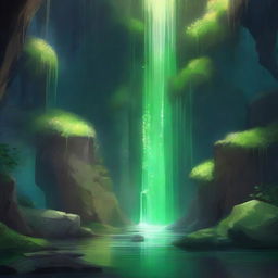 A mysterious, shadowy cave hidden behind a waterfall in a lush, verdant forest, with shimmering gemstones embedded in the rocky walls twinkling in the dim light.