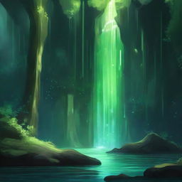 A mysterious, shadowy cave hidden behind a waterfall in a lush, verdant forest, with shimmering gemstones embedded in the rocky walls twinkling in the dim light.