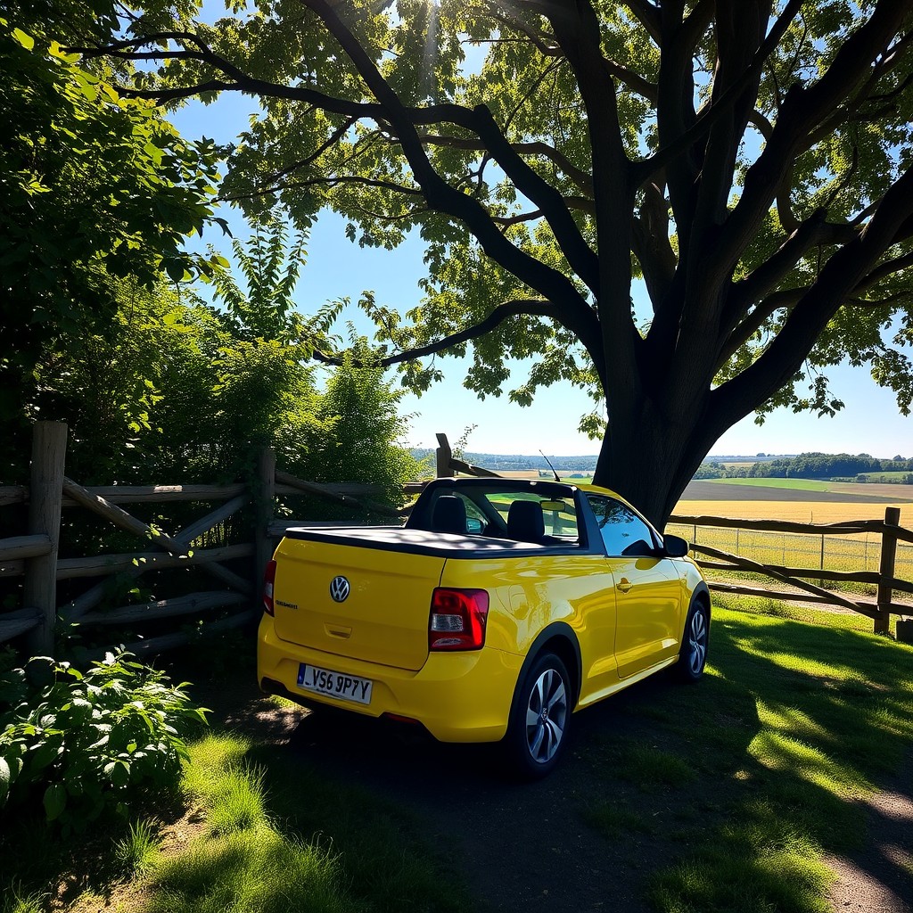 A bright yellow Volkswagen Saveiro parked under a tree near a rustic wooden fence in a rural setting