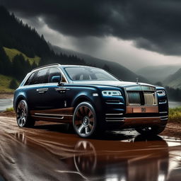 An unprecedented luxurious concept of an off-road Rolls Royce, set against a dramatic rainy backdrop, visualized in breathtaking 8K resolution.