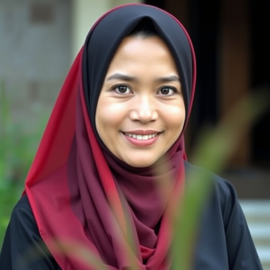 A beautiful 45-year-old Indonesian woman with an attractive figure, wearing a black gamis and a red hijab