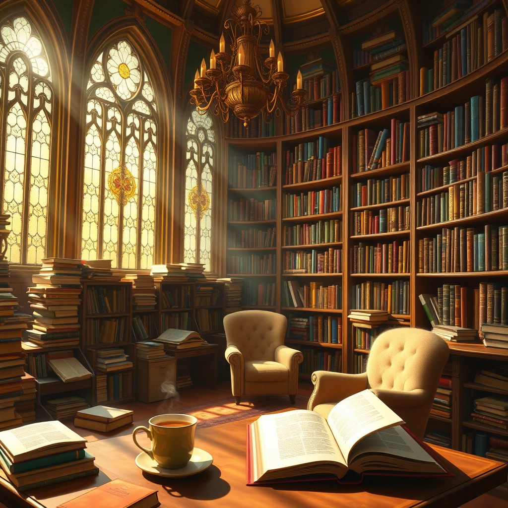 An enchanting library filled with an array of colorful books, some stacked high, others open on desks with shimmering light reflecting off their pages
