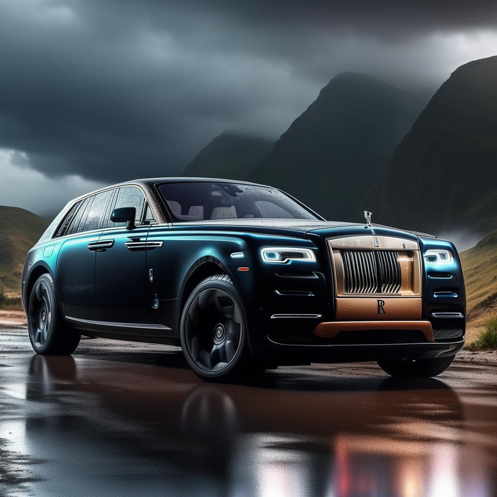 An unprecedented luxurious concept of an off-road Rolls Royce, set against a dramatic rainy backdrop, visualized in breathtaking 8K resolution.