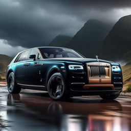 An unprecedented luxurious concept of an off-road Rolls Royce, set against a dramatic rainy backdrop, visualized in breathtaking 8K resolution.