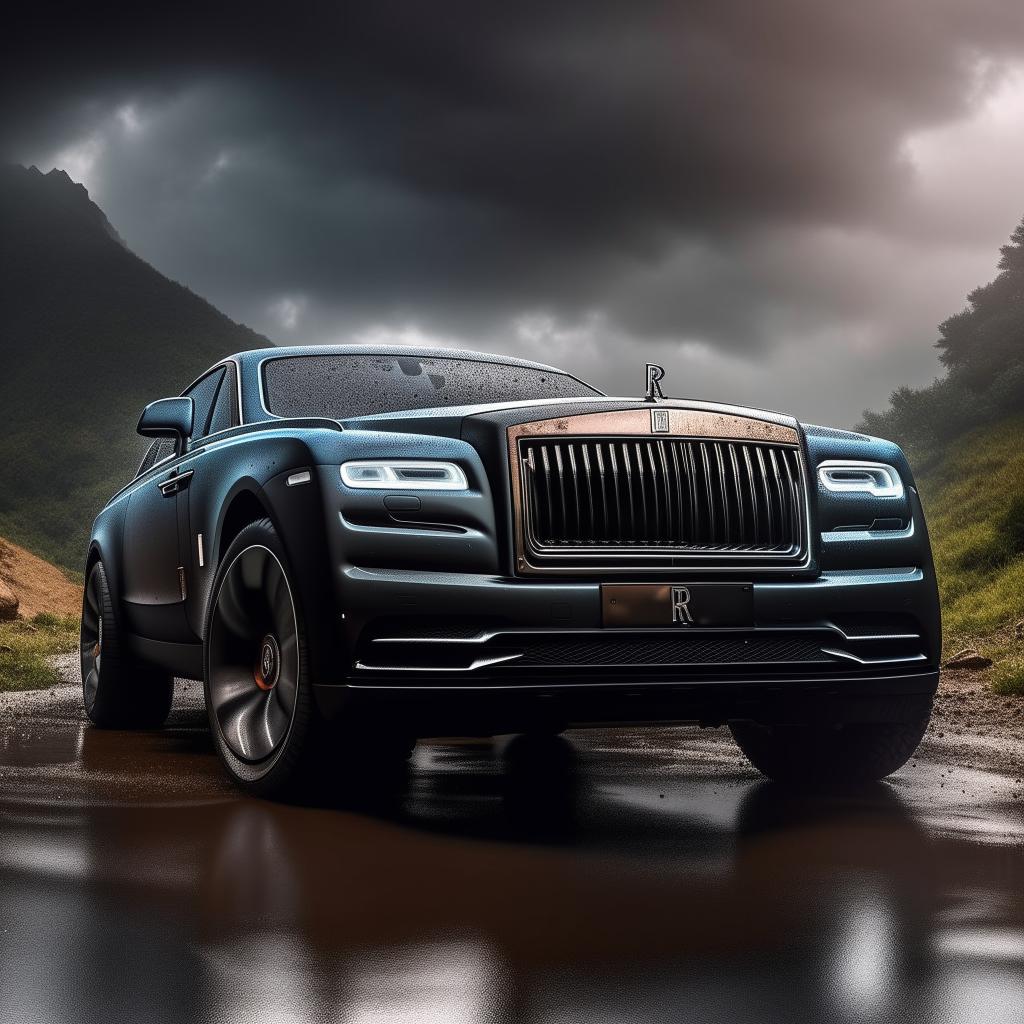 An unprecedented luxurious concept of an off-road Rolls Royce, set against a dramatic rainy backdrop, visualized in breathtaking 8K resolution.