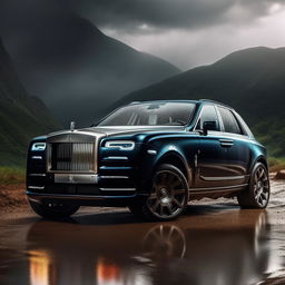 An unprecedented luxurious concept of an off-road Rolls Royce, set against a dramatic rainy backdrop, visualized in breathtaking 8K resolution.