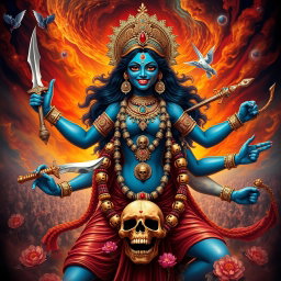 A magnificent portrayal of Goddess Kali, with her fierce and vibrant appearance, adorned with intricate jewelry and a necklace of skulls