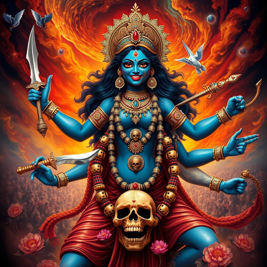 A magnificent portrayal of Goddess Kali, with her fierce and vibrant appearance, adorned with intricate jewelry and a necklace of skulls