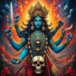 A magnificent portrayal of Goddess Kali, with her fierce and vibrant appearance, adorned with intricate jewelry and a necklace of skulls