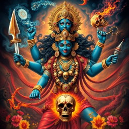 A magnificent portrayal of Goddess Kali, with her fierce and vibrant appearance, adorned with intricate jewelry and a necklace of skulls