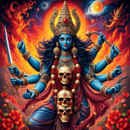 A magnificent portrayal of Goddess Kali, with her fierce and vibrant appearance, adorned with intricate jewelry and a necklace of skulls