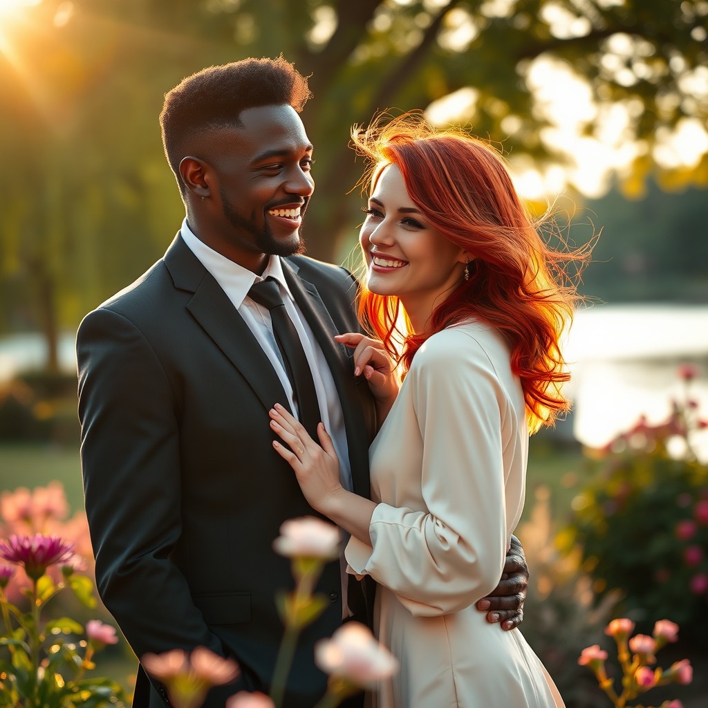 A captivating scene featuring an attractive pale red-headed girl with vibrant hair, styled elegantly, standing playfully close to an attractive black gentleman dressed in a sharp suit