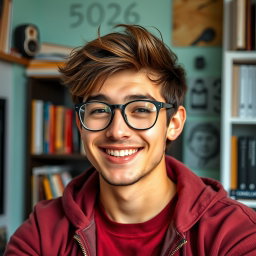A real, vibrant photograph of Oliver, a 26-year-old who projects a blend of geeky, cute, and sexy characteristics
