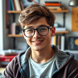 A real, vibrant photograph of Oliver, a 26-year-old who projects a blend of geeky, cute, and sexy characteristics