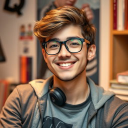 A real, vibrant photograph of Oliver, a 26-year-old who projects a blend of geeky, cute, and sexy characteristics