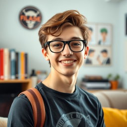 A real, vibrant photograph of Oliver, a 26-year-old who projects a blend of geeky, cute, and sexy characteristics