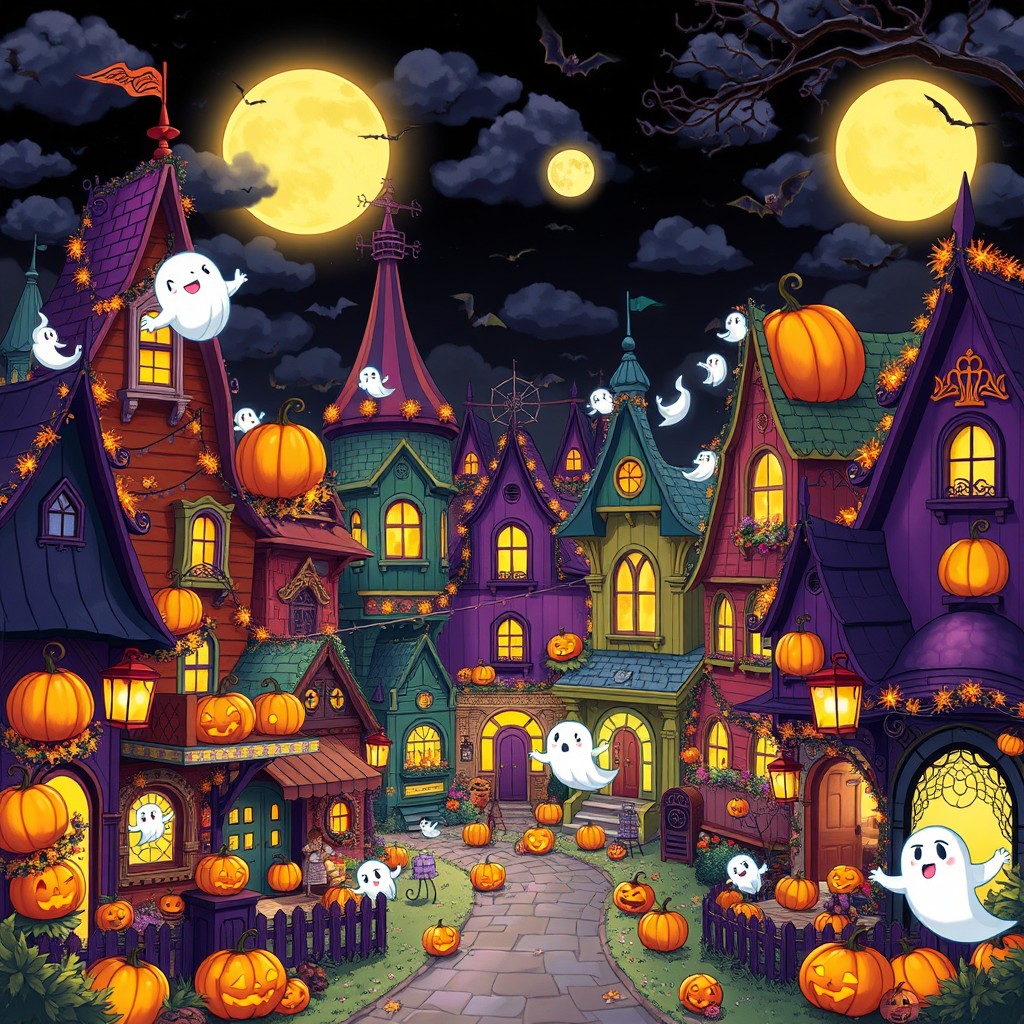 A lively anime-style illustration of a Halloween town filled with intricate decorations