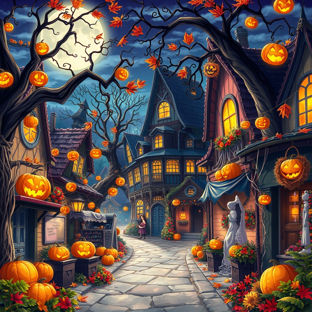 A beautifully detailed anime-style illustration of a Halloween town, filled with decorations for the festive season