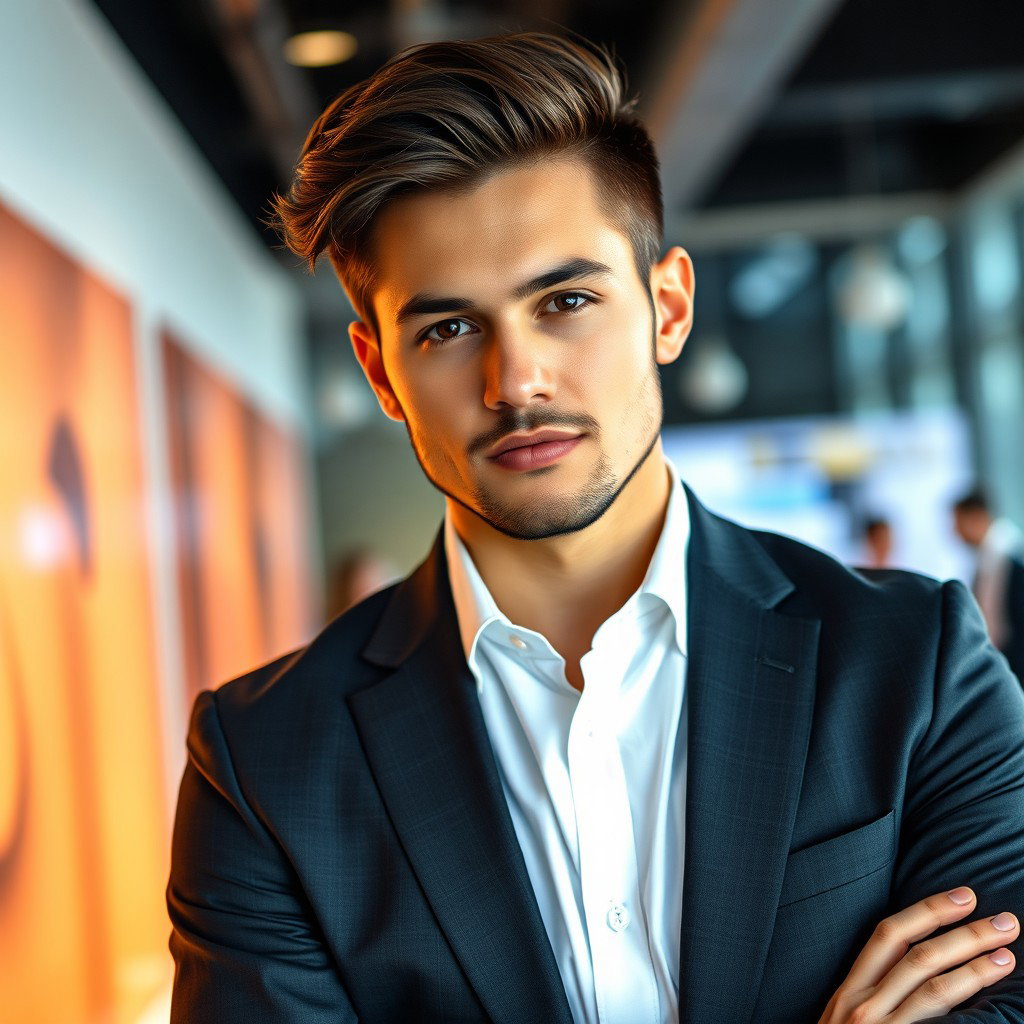 A striking portrait of Ethan, a 30-year-old sexy tech entrepreneur exuding an aura of innovation and ambition