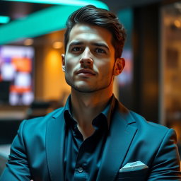 A striking portrait of Ethan, a 30-year-old sexy tech entrepreneur exuding an aura of innovation and ambition