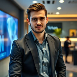 A striking portrait of Ethan, a 30-year-old sexy tech entrepreneur exuding an aura of innovation and ambition