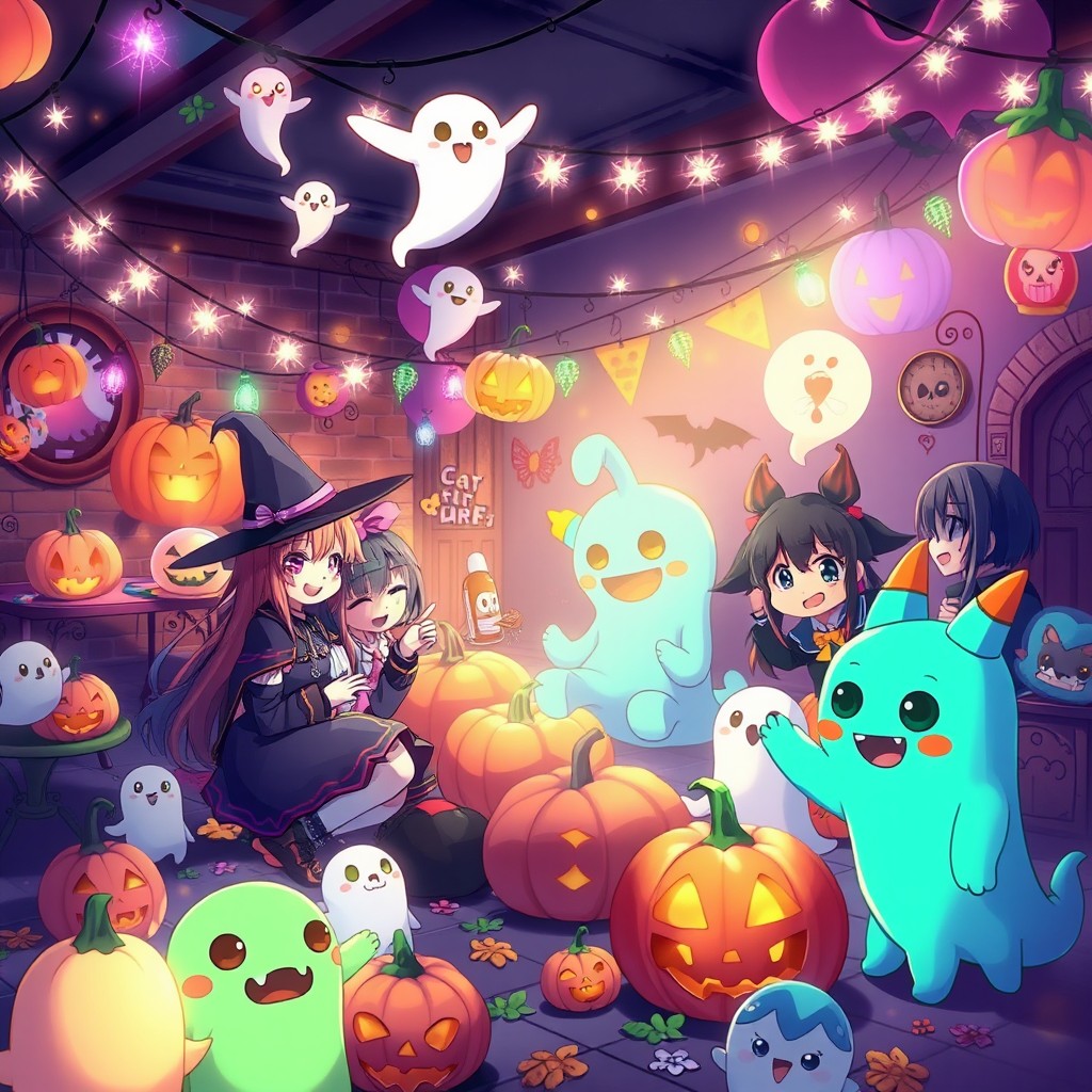 A vibrant anime-themed Halloween party scene filled with cute and spooky decorations