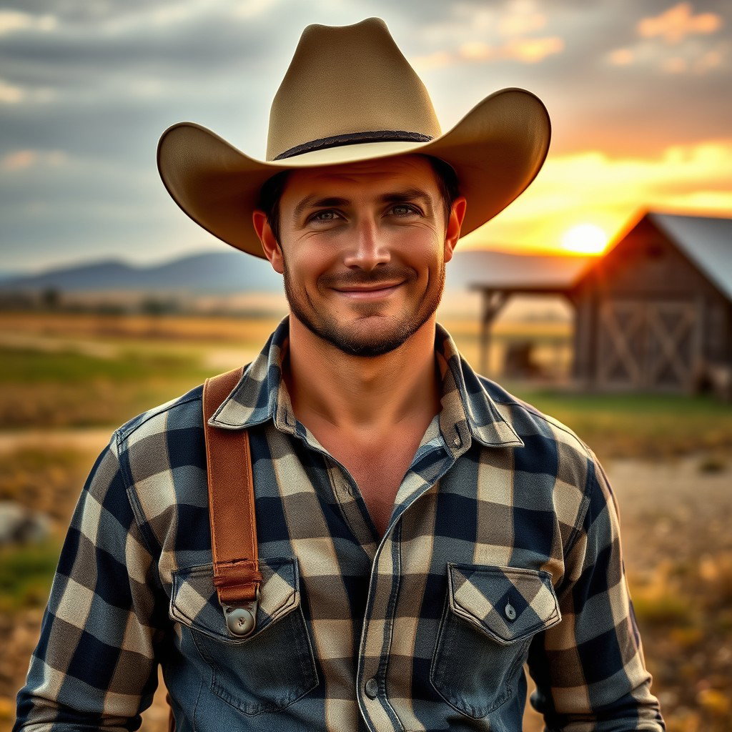 A rugged and sexy portrait of Jake, a 33-year-old cowboy embodying traditional country aesthetics