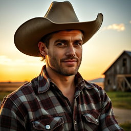 A rugged and sexy portrait of Jake, a 33-year-old cowboy embodying traditional country aesthetics