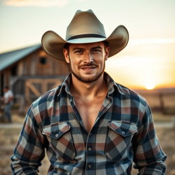A rugged and sexy portrait of Jake, a 33-year-old cowboy embodying traditional country aesthetics