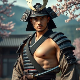 A striking portrait of Hiroshi, a 28-year-old Japanese samurai, depicted as really sexy yet honorable, disciplined, and respectful