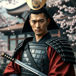 A striking portrait of Hiroshi, a 28-year-old Japanese samurai, depicted as really sexy yet honorable, disciplined, and respectful