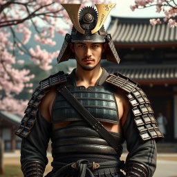 A striking portrait of Hiroshi, a 28-year-old Japanese samurai, depicted as really sexy yet honorable, disciplined, and respectful